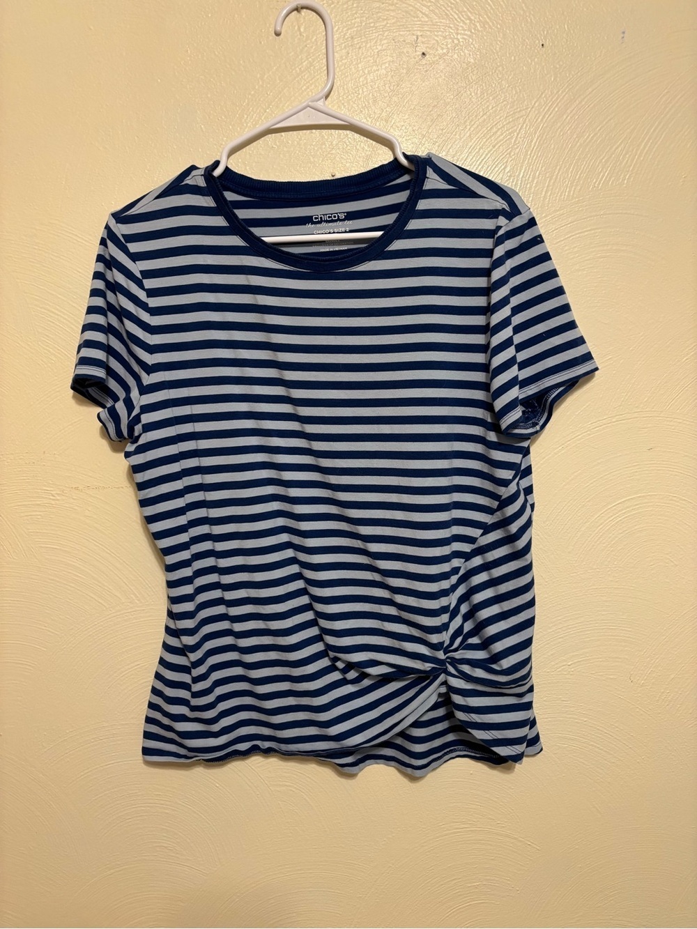Chico’s The Ultimate Tee Size 2 Blue Striped Knot Front Top Nautical Tee